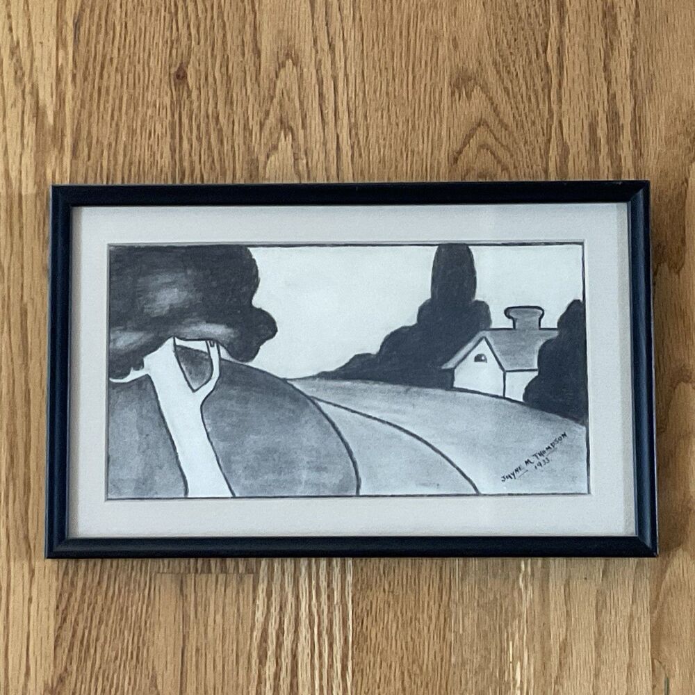 Graphite Pencil Drawing Art Sketch Landscape Signed Framed Matted 14 X 8.5”